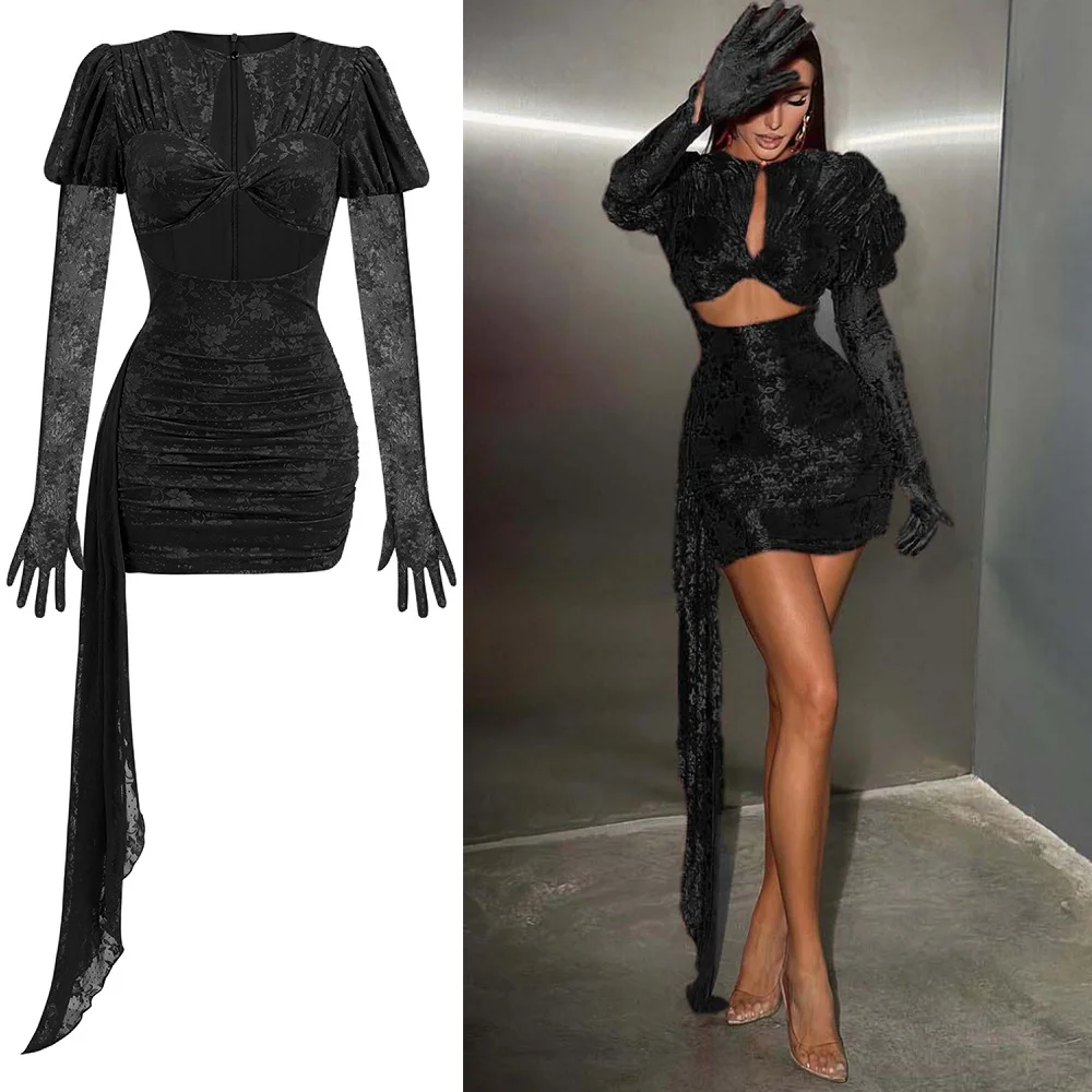 

Chic Black Puff Sleeve Bodycon Evening Dresses – Cut-Out High Slit Mini Dress with Long Sleeves
