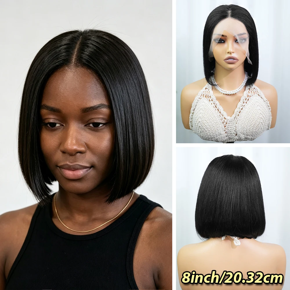 13x4 Transparent Lace Front Black Short Straight Virgin Human Hair Bob Wig,  Natural Middle Part Hairline Jet Black Sleek Blunt Cut Bob Wig for Dating Evening Holiday Costume