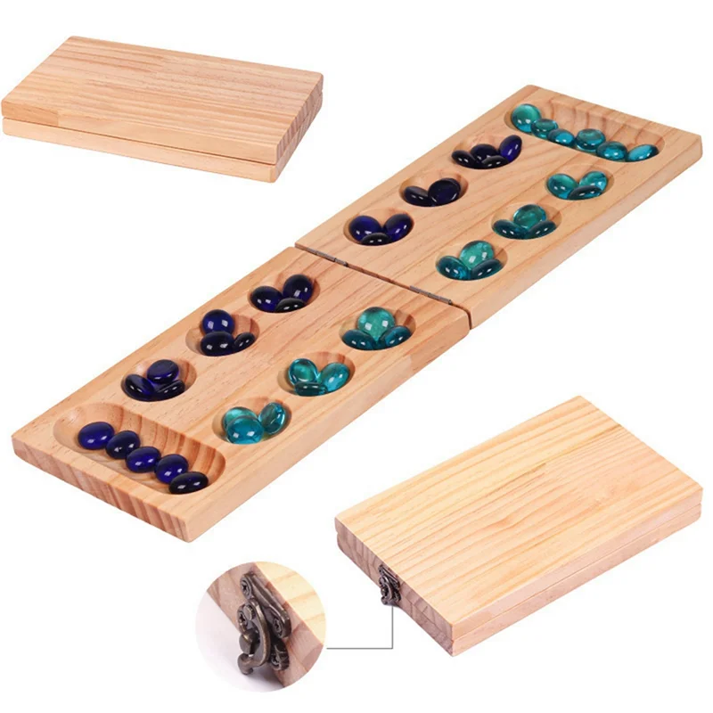 B78B-Foldable Wooden Mancala Board Game For Ages 7+ Multi-Color Beads Classic Strategy Game For Family, Party, And Travel
