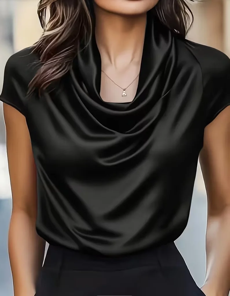 

Elegant Satin Solid Color Cowl Neck Short Sleeve Blouse – Flowy Draped Top for Women – Office Wear & Formal Occasions