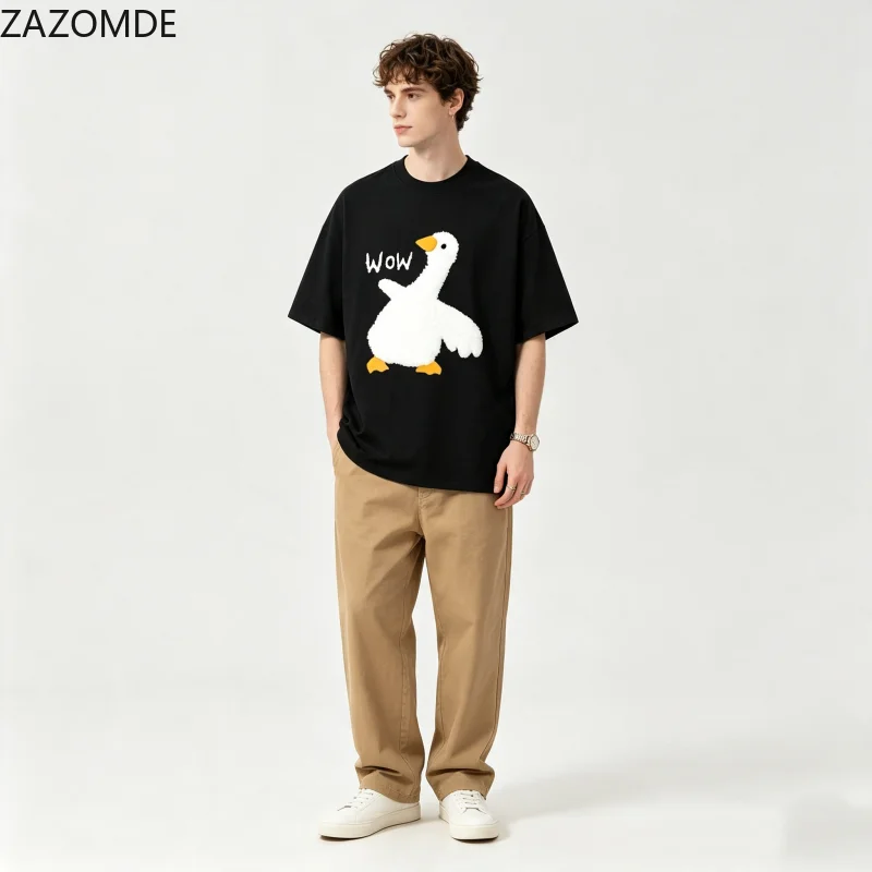 ZAZOMDE 2026 New Retro Doodle Animal T Shirt Fluffy White Goose with Wow Slogan Graphic Print Casual Hip Hop Oversized Tops