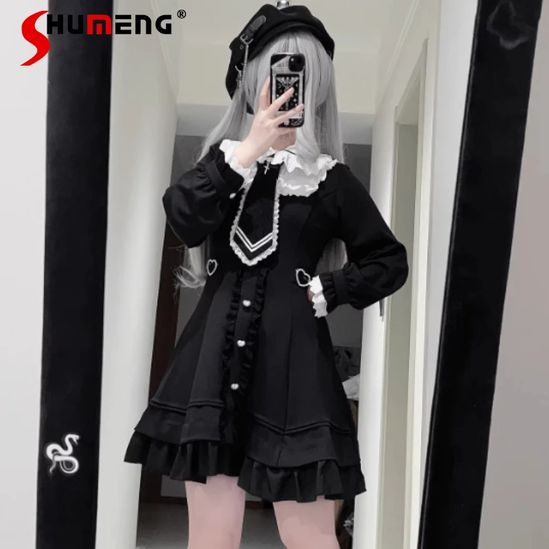 

Японское платье в стиле Лолита с короткими рукавами, кружевными вставками и пэчворком, в стиле Ангельский Дарк, сладкое, стройнящее, на одной пуговице