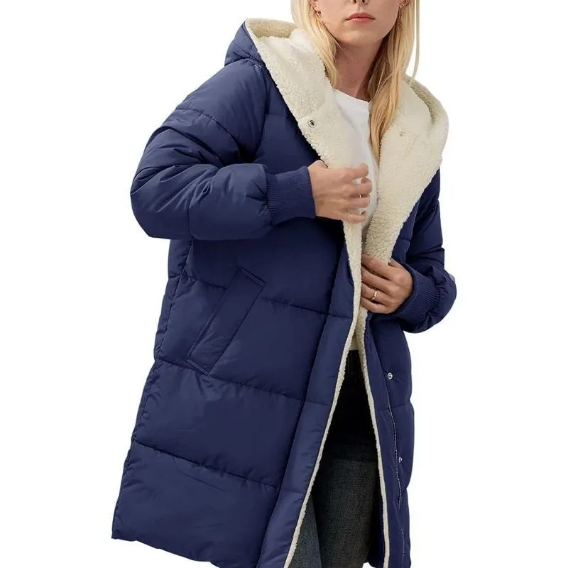 Women's Clothing Solid Warm Fleece Hooded Cotton Coat Long Sleeves Double-sided Velvet Slim Fit Elegant Cardigan Outerwear Top