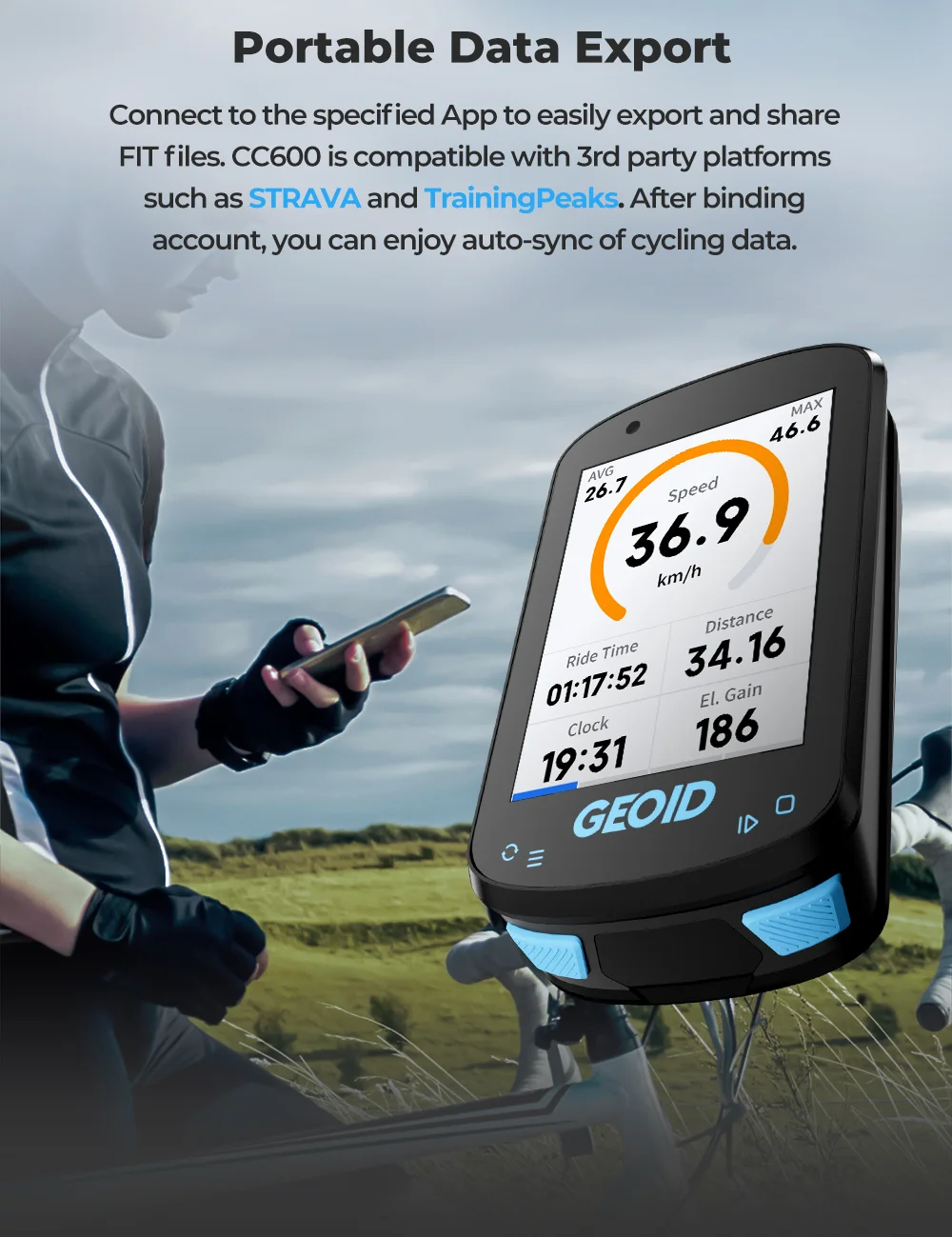 GEOID CC600/CC700 Farbdisplay Kabelloser Fahrradcomputer GPS-Navigation Fahrradtacho GPX WLAN Radfahren Kilometerzähler Ant Indoor – Detail 14