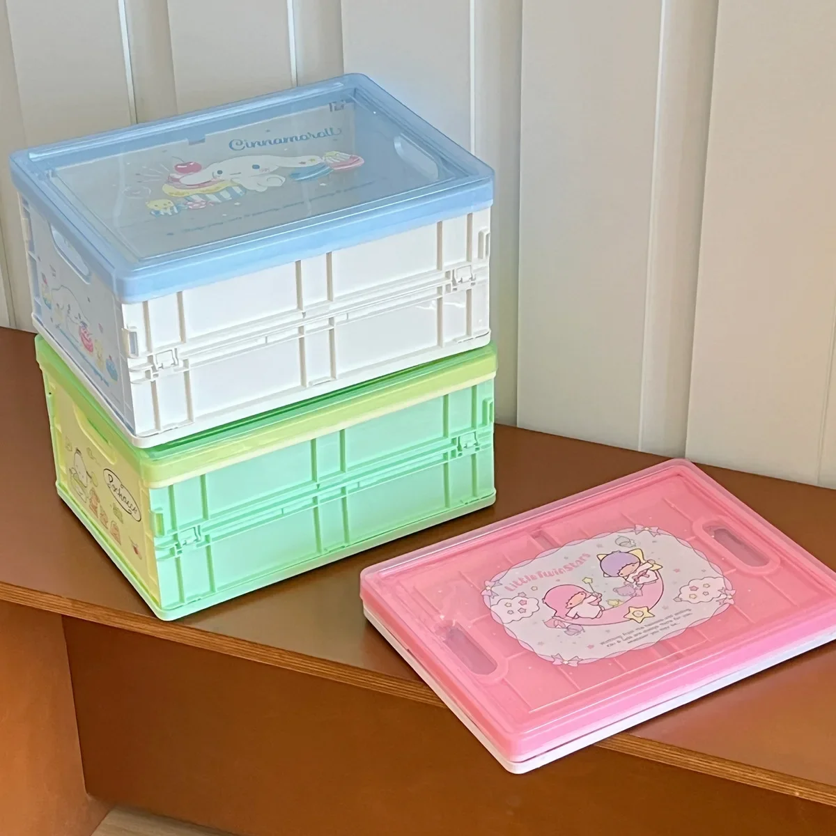 Sanrio Hellokitty Transparent printed cover desktop large stacking storage box bedroom student Folding storage box view 3