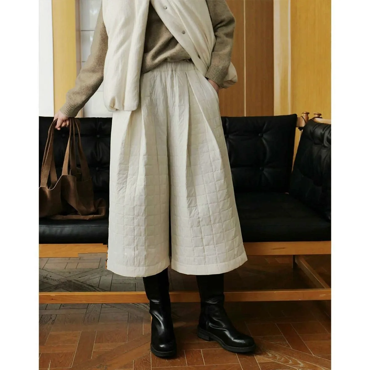 Damskie spodnie z szerokimi nogawkami, ocieplane, codzienne, luźny krój, wyszczuplające, długość 7 cali, koreański styl, wysoki stan, krój latarnia...