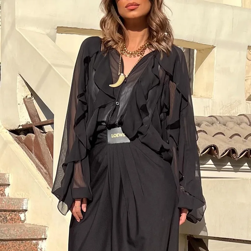 Europe America 2025 Summer New High-end Ruffle Edge Loose Slim-fitting Shirt Top For Women
