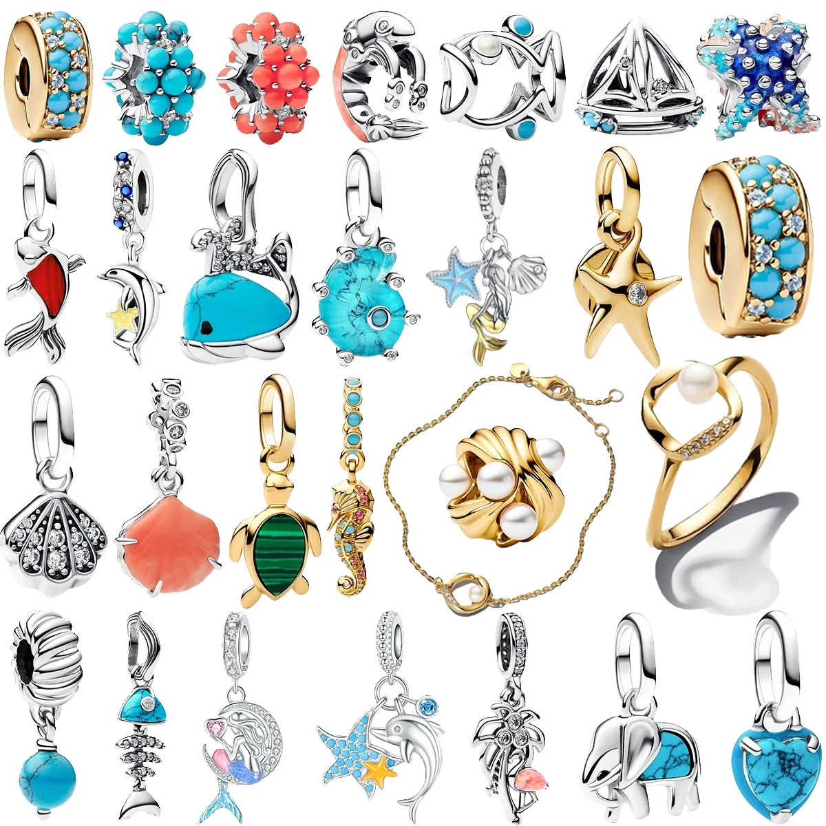 

Sparkling 925 Sterling Silver Colourful Starfish Crab Shell Conch Dangle Charm Beads fit Original Bracelet Fine Jewelry DIY Gift