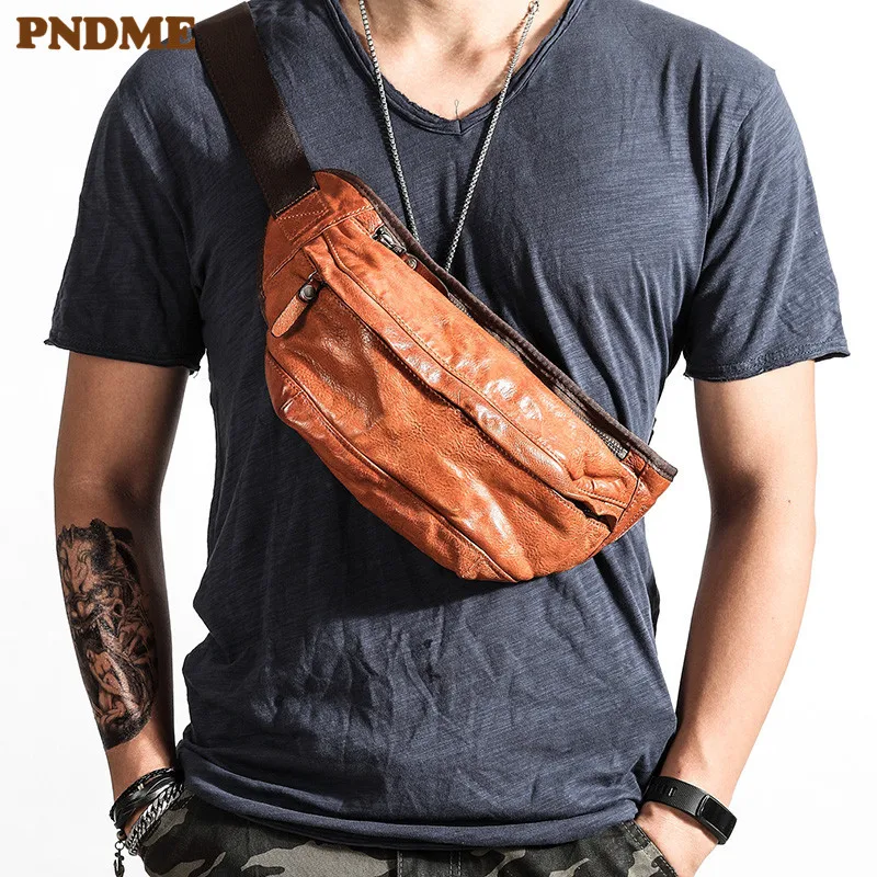 Fashion personality trend high quality genuine leather men's chest bag vintage cowhide luxury teens waist pack messenger bag