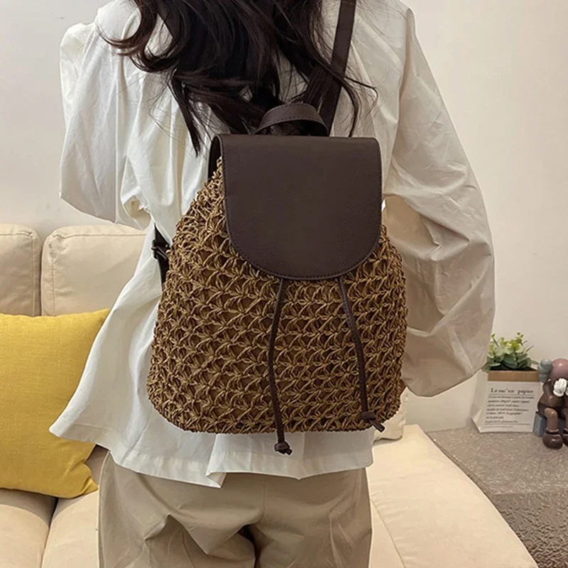 Women's Straw Backpack Summer Boho Bohemian Hollow Shoulder Bag Hobo Crochet Woven Travel Bags for Women Knitted Beach Back Pack - view 5