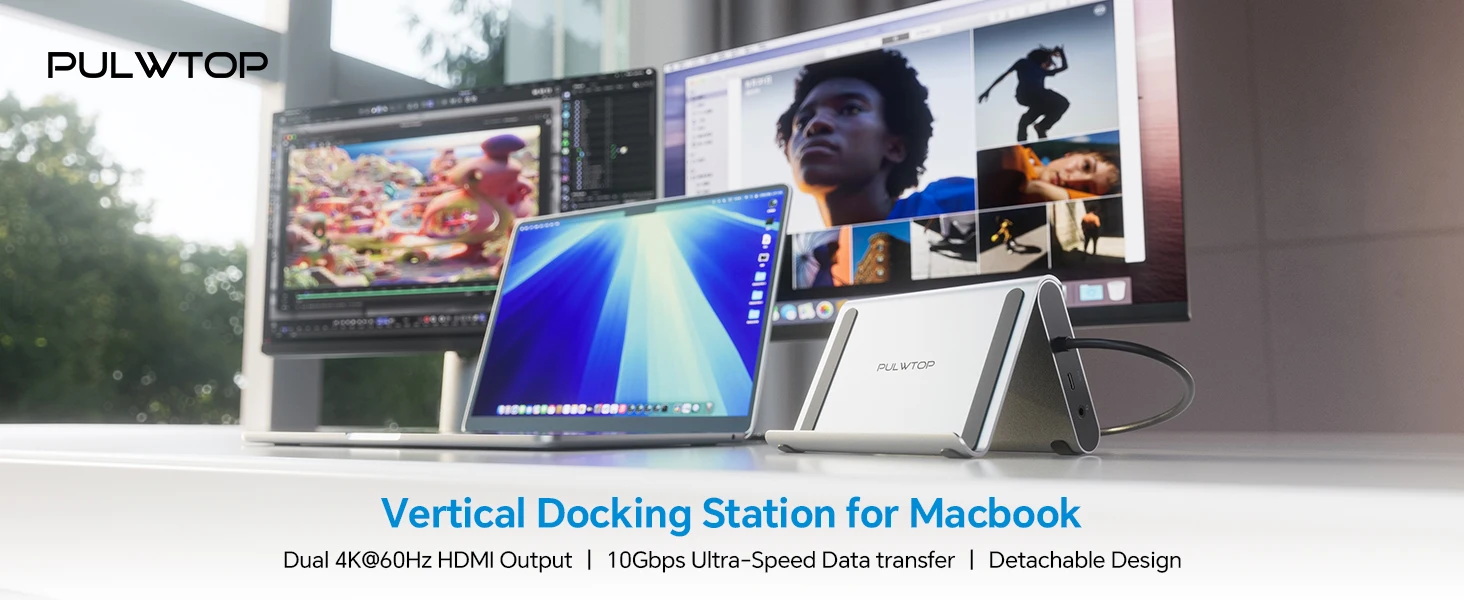 PULWTOP USB-C Dockingstation Ständer Laptop-Dock mit 2 HDMI, PD, Ethernet, USB A/C 10Gbps, Audio, SD/TF, USB 2.0 – Detail 1