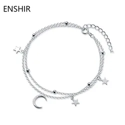 ENSHIR Silver Plated Moon Star Zircon Bracelet Double Layer Chain Bracelet for Women Jewelry Gifts