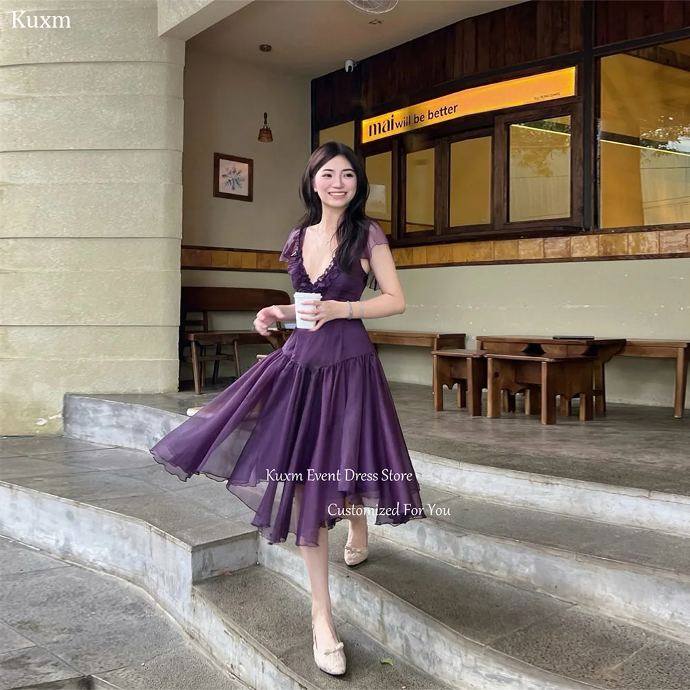 Kuxm Purple Deep V Neck A Line Evening Dress Spaghetti Strap Chiffon Formal Party Gown Elegant Backless Prom Gown Customized