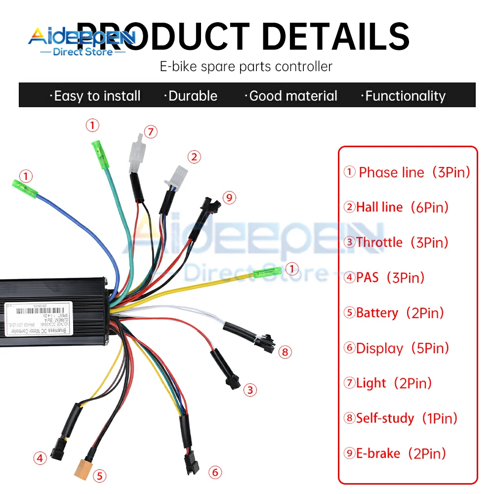 

24V/36V/48V 500W/750W 26A E-Bike Sine Wave Brushless Motor Controller With/Without Hall for Electric Bicycle Scooter Repair