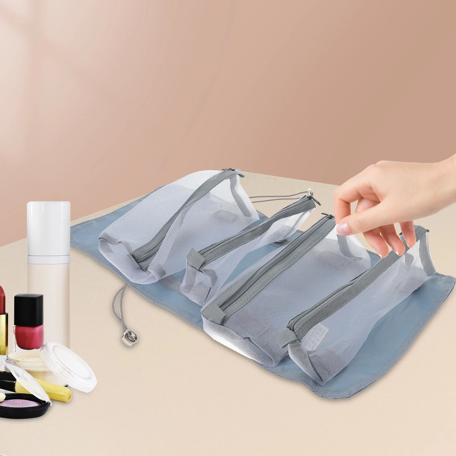 Bolsa desmontable de PU, artículos de tocador de viaje, organizador de almacenamiento de maquillaje colgante, estuche de belleza enrollable de gran capacidad