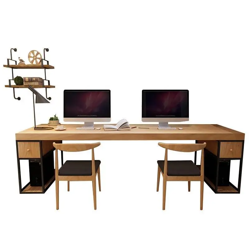 

Simple solid wood double computer desktop home against the wall oversized desk