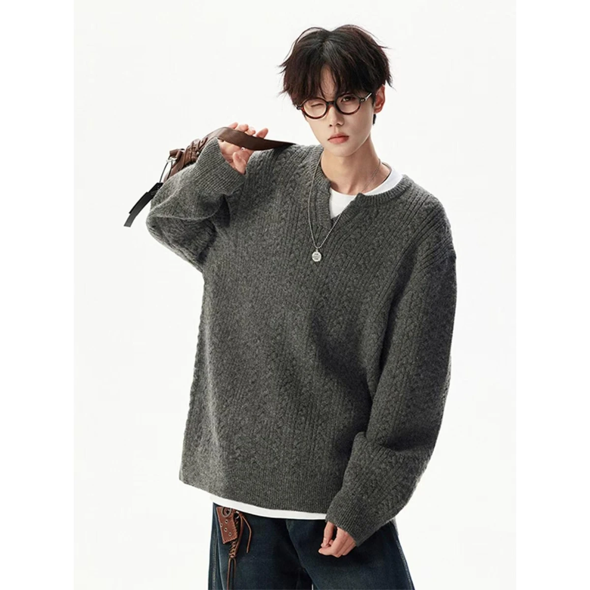 

Korean Sle Small V-Ne Knitted Sweater High Street Lazy Sle Couple Sweater Retro Trendy Brand Teenage Knitwear