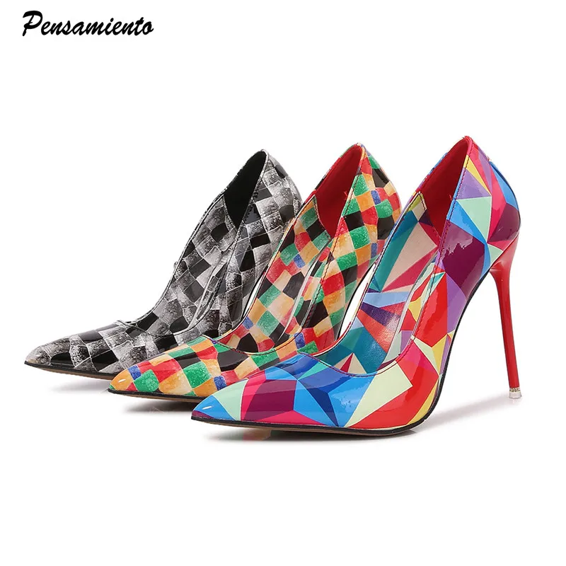 Fashion Geometry Plaid Printed Patent leather Women Pumps Elegant Pointed toe Stiletto High Heels Spring Autumn Office Lady Shoe