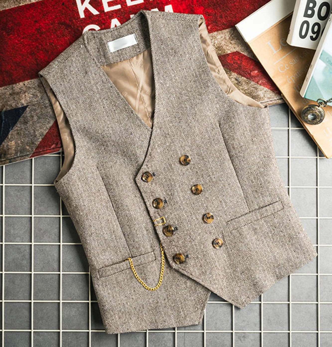 New Arrival  Men's Waistcoat Herringbone Homespun Fabric Double Breasted Men's Slim Fit Vests For Wedding Groom Business Casual