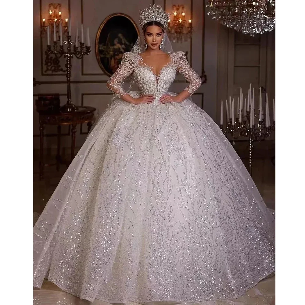 Luxurious Handmade Lace Crystal Bead Decoration Women's Wedding Dress Sexy V-Neck Long Sleeved Auditorium Bridal Gown Customized
