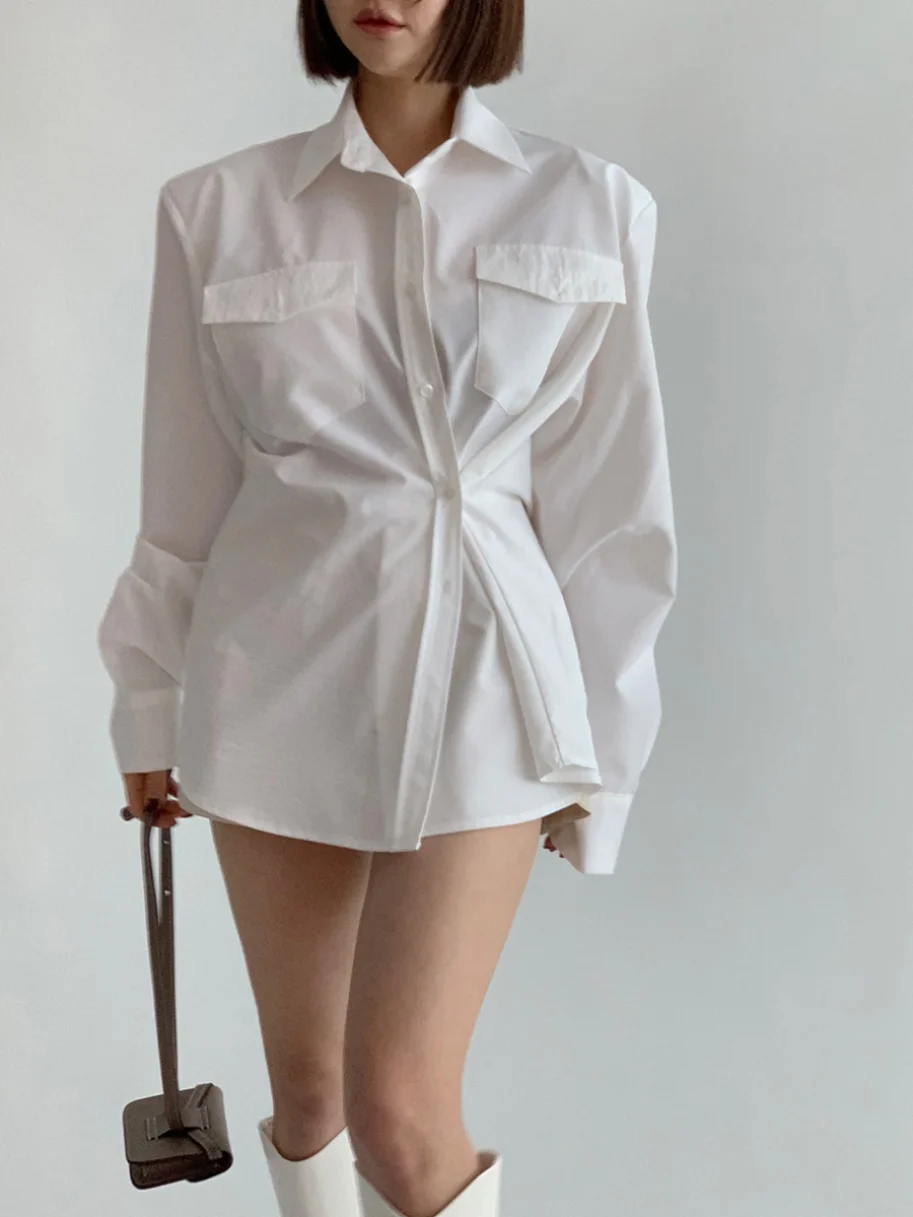 

Double Pocket Shoulder Pad Shirt Women's Vintage Collar Loose Lazy Style Side Button Slimming Versatile Long Sleeve Neck...