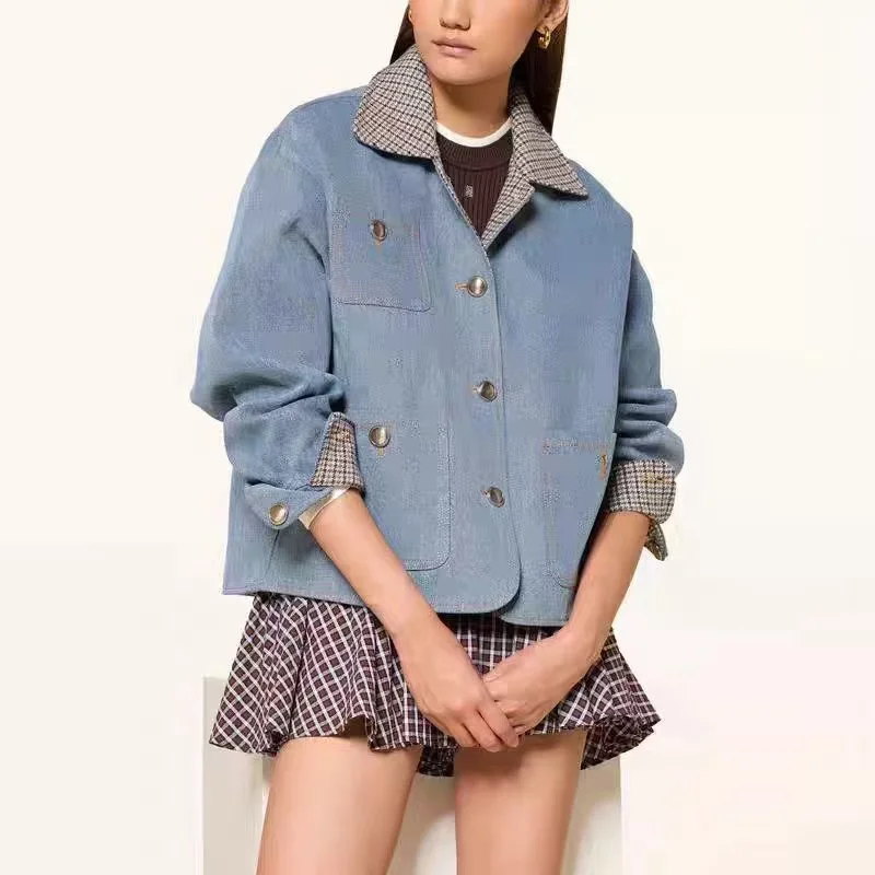 

Briti Sle, свободное джинсовое платье, осеннее повседневное клетчатое женское пальто, дышащий хлопок, длинный воротник све, прямой подол