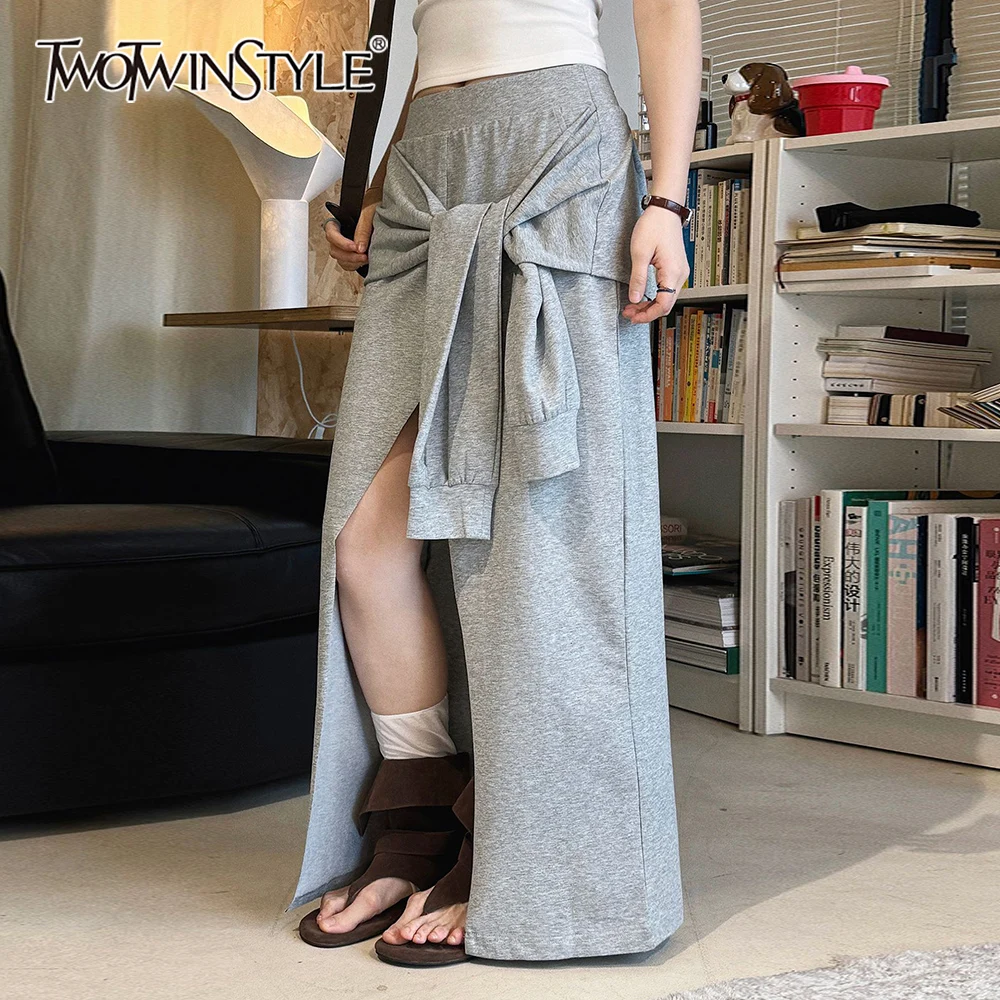

TWOTWINSTYLE Solid Loose Spliced Lace Up Casual Skirts for Women High Waist Split Fashion Long Skirt Female Spring Clothing New