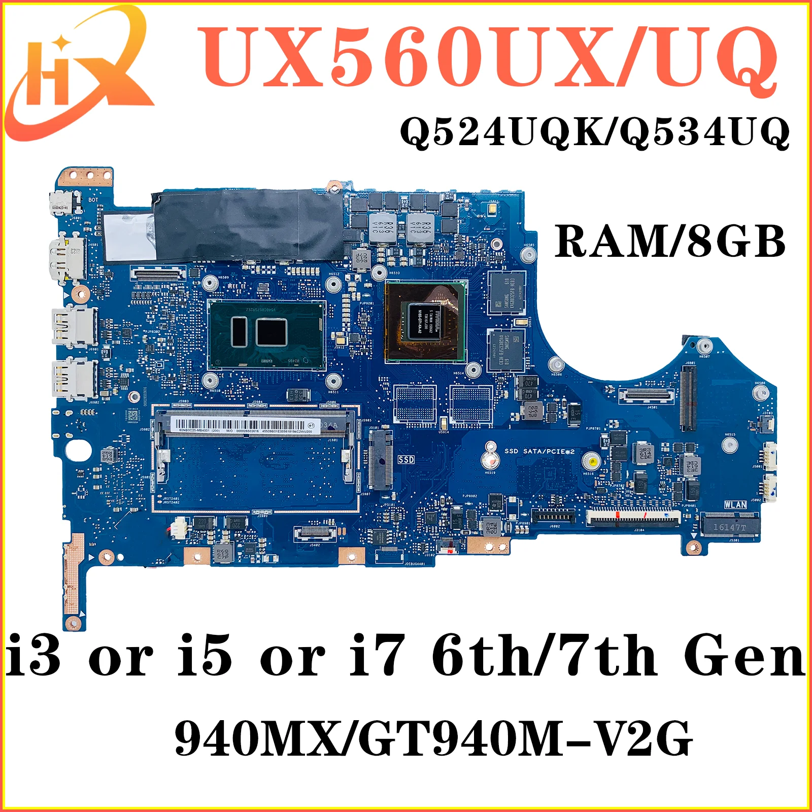 UX560UX-Laptop Placa-mãe para ASUS, Q524UQK, Q534UQ, UX560UQK, UX560UXK, UX560UQ, i3, i5, i7, 6 °, 7 °, GPU, V2G, RAM, 8GB