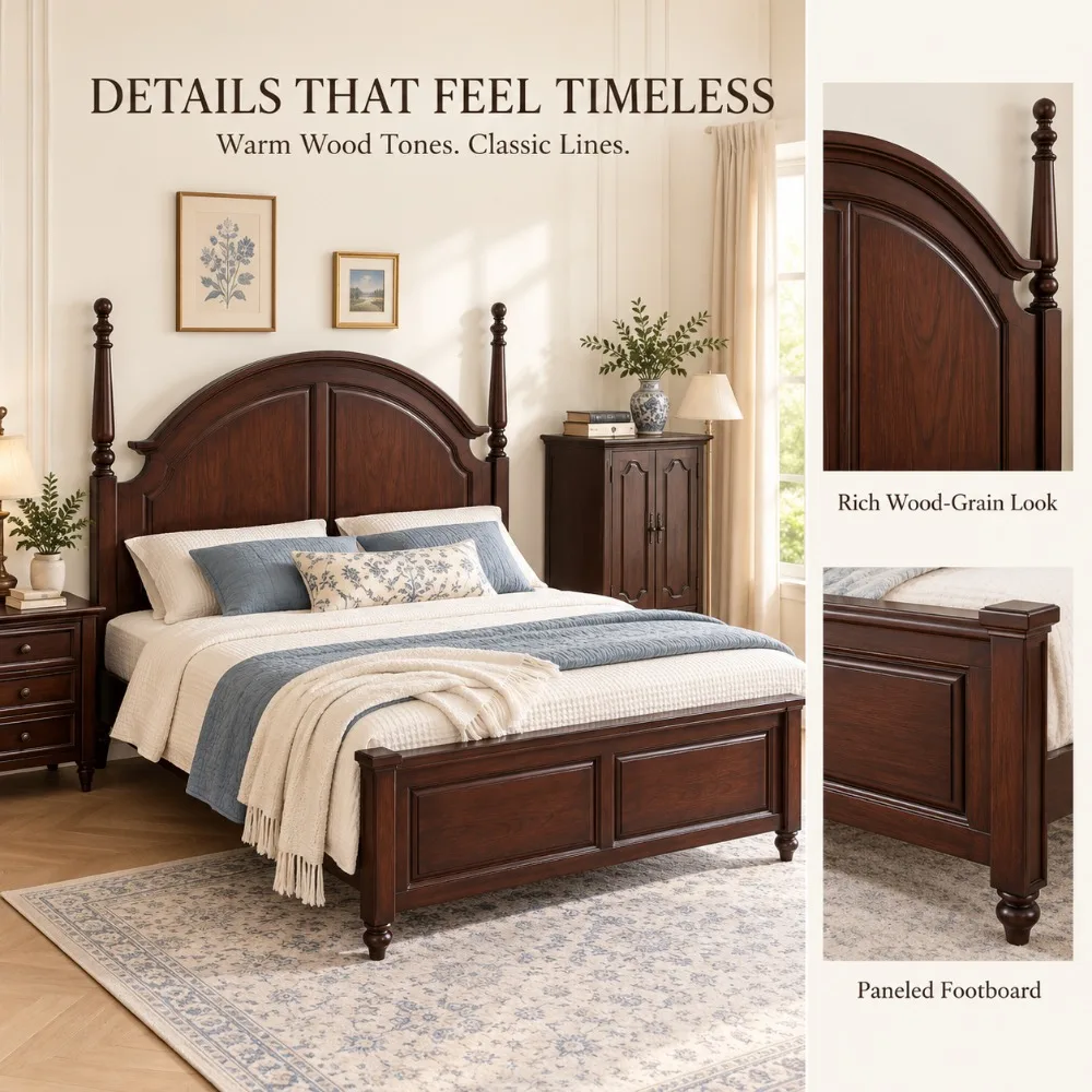 Vintage American Walnut Wood Double Bed, Solid High‑Box Storage Bed Frame for Master Bedroom Small Apartment Household