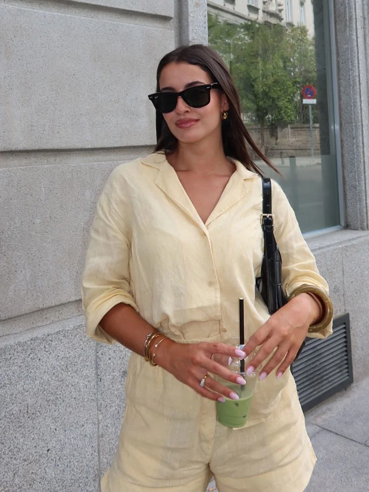 HH – short décontracté pour femmes, costume à revers, simple boutonnage, manches longues, petit haut + taille élastique, Design de poche, short élégant, été