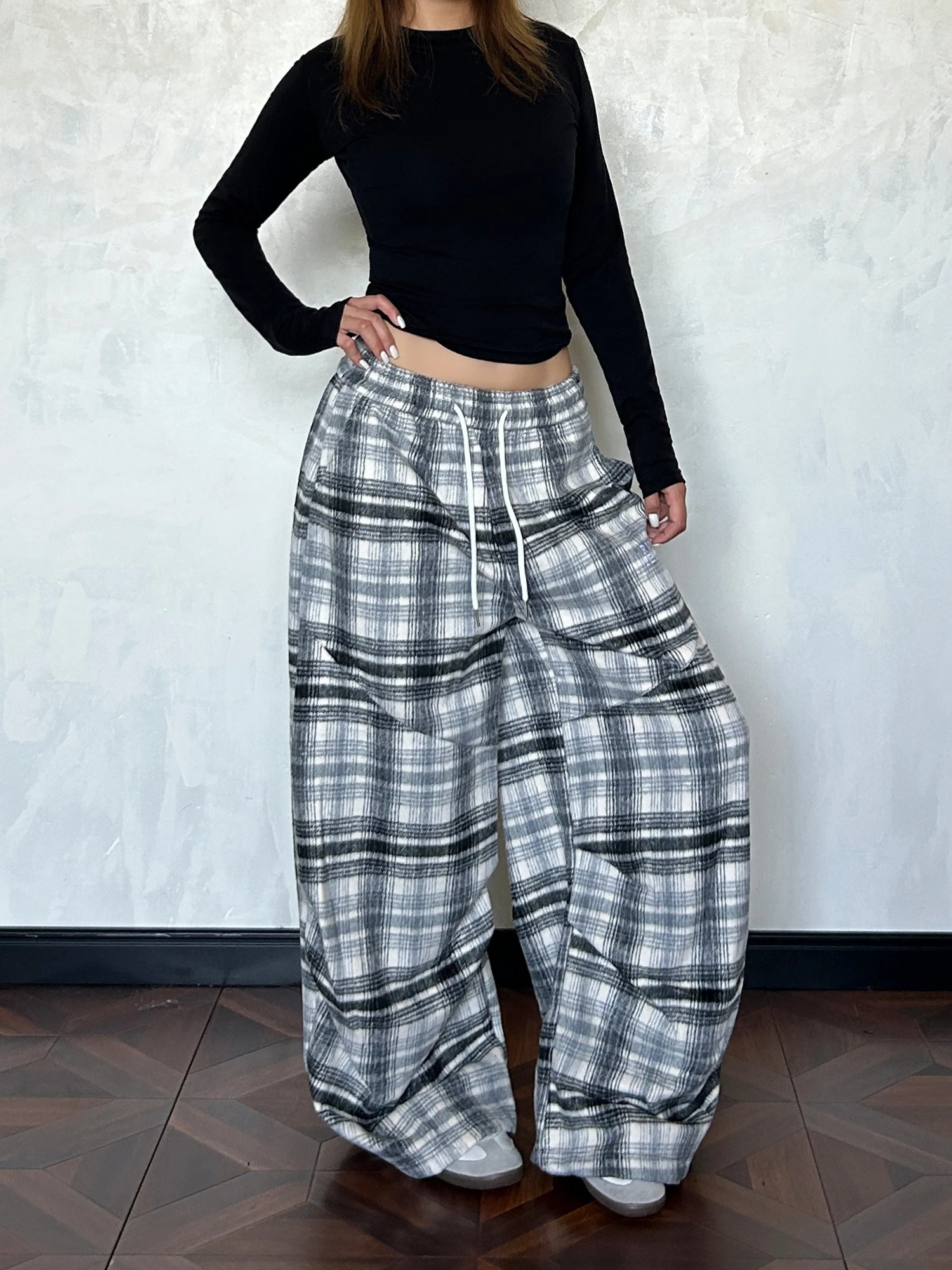 

Ретро-брюки в американском стиле с вышивкой, шерстяные, в клетку, повседневные, свободные, широкие, уличные, с эластичным поясом