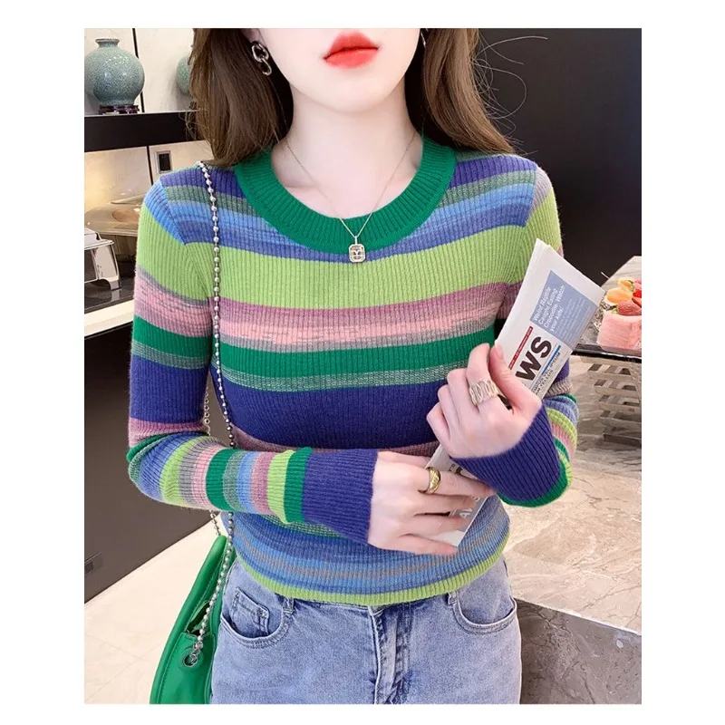 

New Wool Autumn and Winter Rainbow Striped Knitted Long-sleeved Top for Women's Thin Age-reducing Sweater Base
