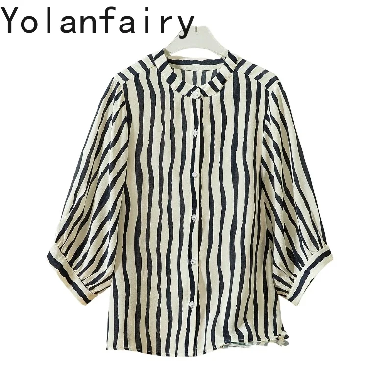 

YOLANFAIRY Новая женская рубашка из 100% натурального шелка тутового шелкопряда, летняя модная полосатая рубашка 2026 года, элегантные топы и блузки для женщин