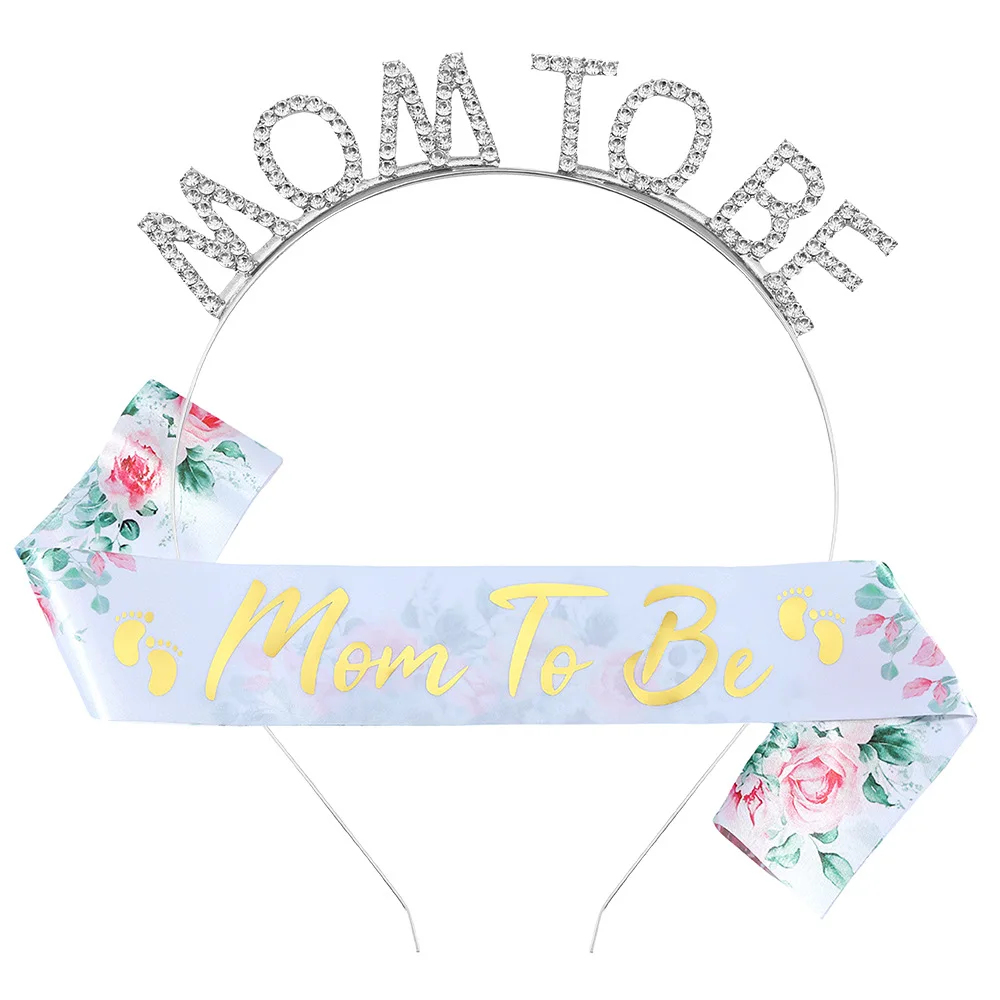 Stirnband und Satin-Schärpe für werdende Mütter zur Gender-Reveal-Babyparty, Partydekoration, Zubehör, Schärpe mit Blumenmuster für werdende Mütter – Detail 10