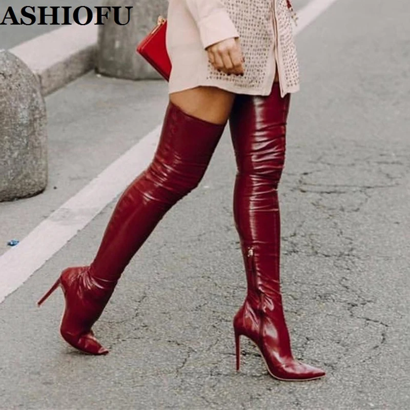 

ASHIOFU New Handmade Women's High Heels Long Boots Pointy Sexy Night-club Thigh High Boots Winter Pole-dance Evening Red Boots