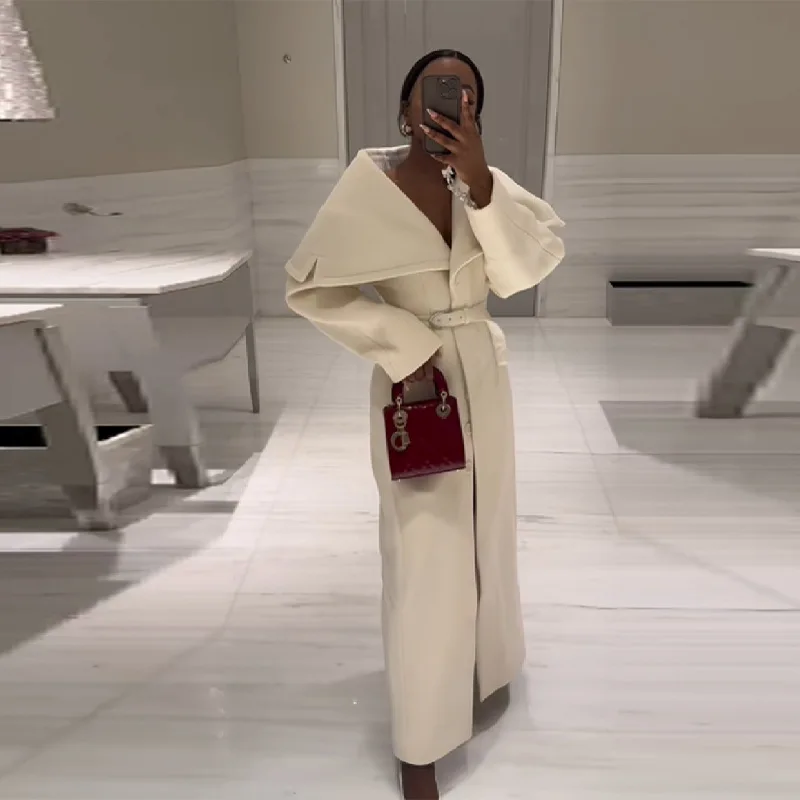 

Элегантное шерстяное длинное женское пальто с поясом, белое однобортное женское пальто с лацканами и длинными рукавами, осень 202, тонкое женское пальто