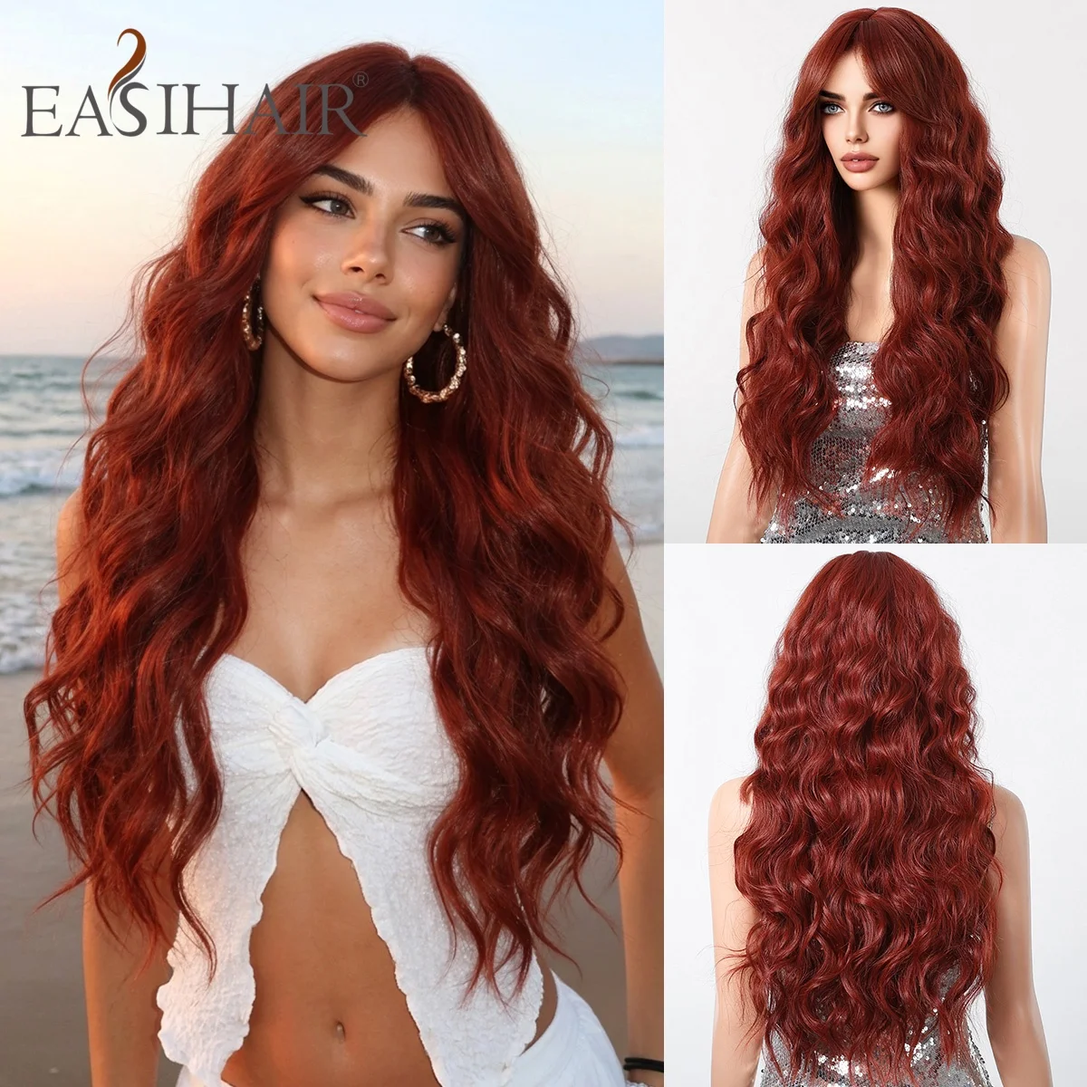 Easihair Reddish Brown Red Long Wavy Wig Heat Resistant Synthetic Hair Natural Looking Wigs for Women Party Cosplay Daily Wear