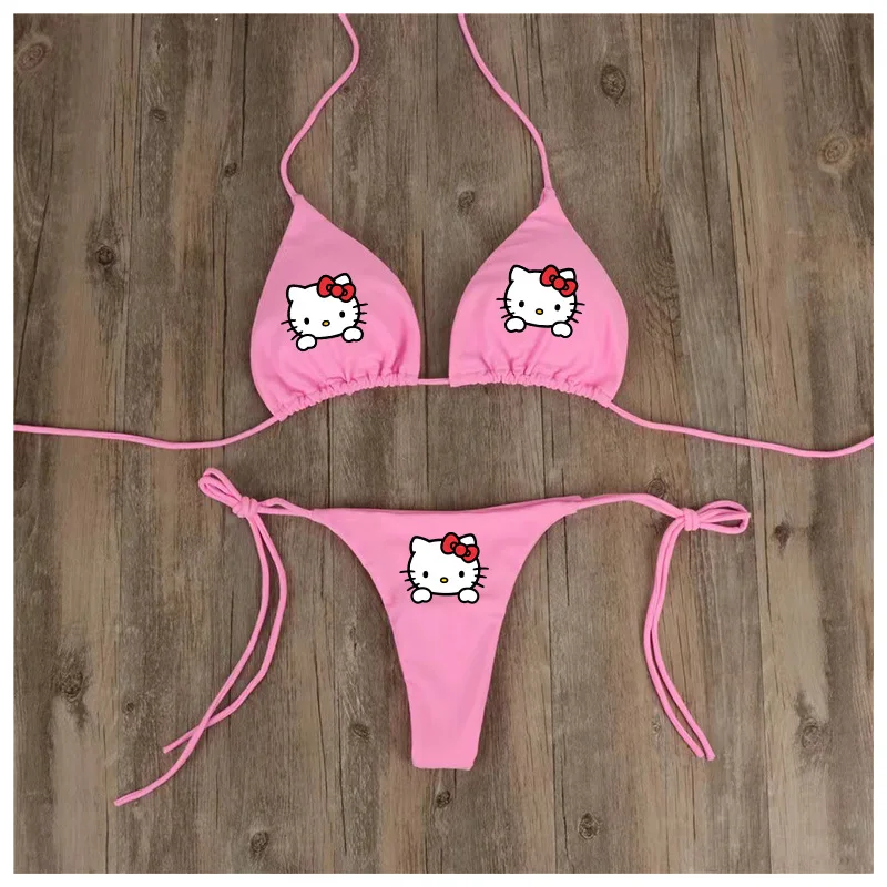 Kawaii strój kąpielowy damski dwuczęściowy zestaw bikini z nadrukiem Hellokitty ładna dziewczyna seksowna regulowana bielizna biustonosz stringi