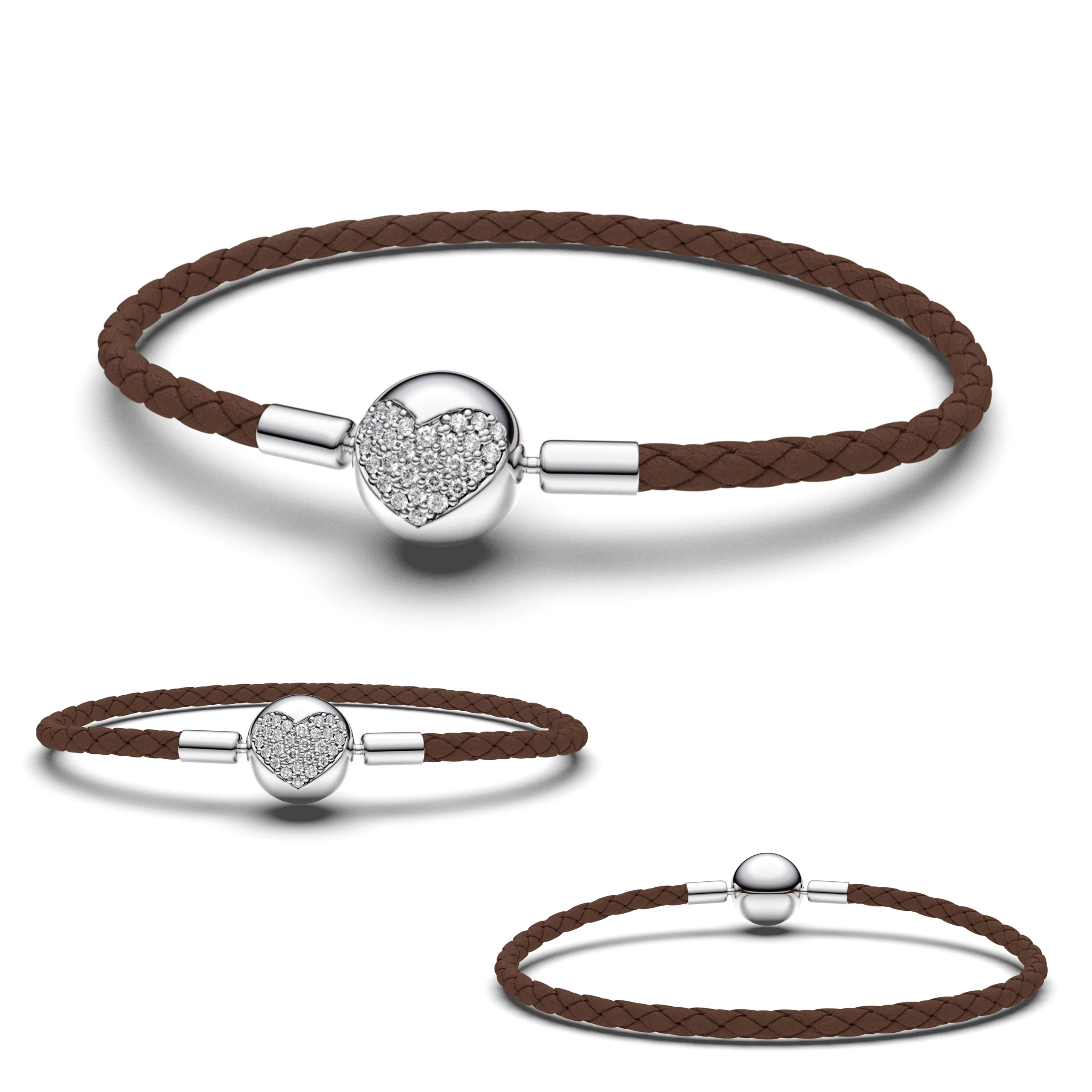 

925 Sterling Silver Heart Braided Leather Bangle Charm Bead & Pendant Brown Clear CZ Pave Original Bracelet Elegant Jewelry