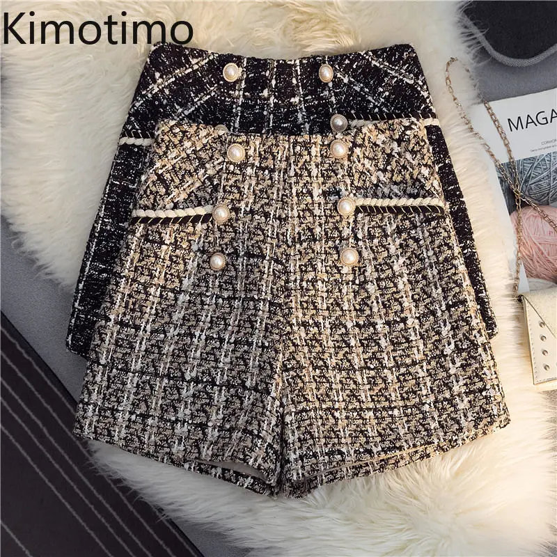 Kimotimo Small Fragrance Tweed Shorts Women Autumn Winter Beaded High Waist Thick A Line Wide Leg Short Pants Vintage Outfits