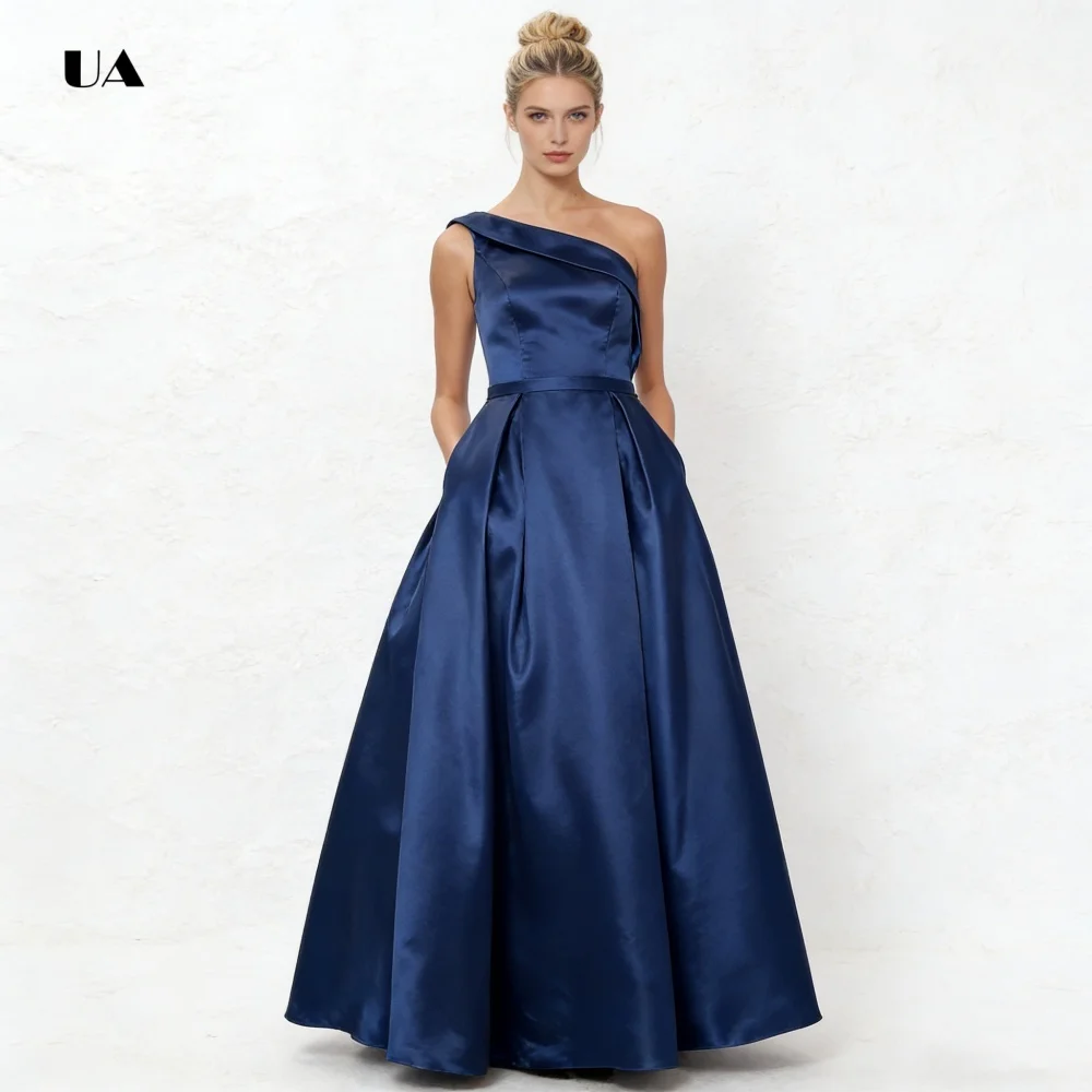 ULBYANRY 비대칭 접이식 칼라가 있는 민소매 A라인 댄스 파티 드레스, 솔리드 새틴 이브닝 드레스, 심플한 맞춤형 파티 드레스