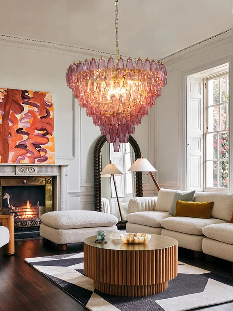 French Modern Big Pink Glass Design Ceiling Pendant Lights Home Appliances Elegant Hanging Lamps over Living Room Villa Duplex