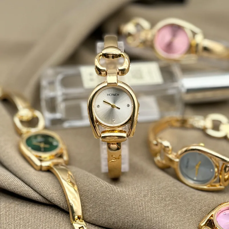 Gold Simple Geometric Quartz Watch For Women 1 Set Of Crystal Matching Watch Set Birthday Gift with Gift Box