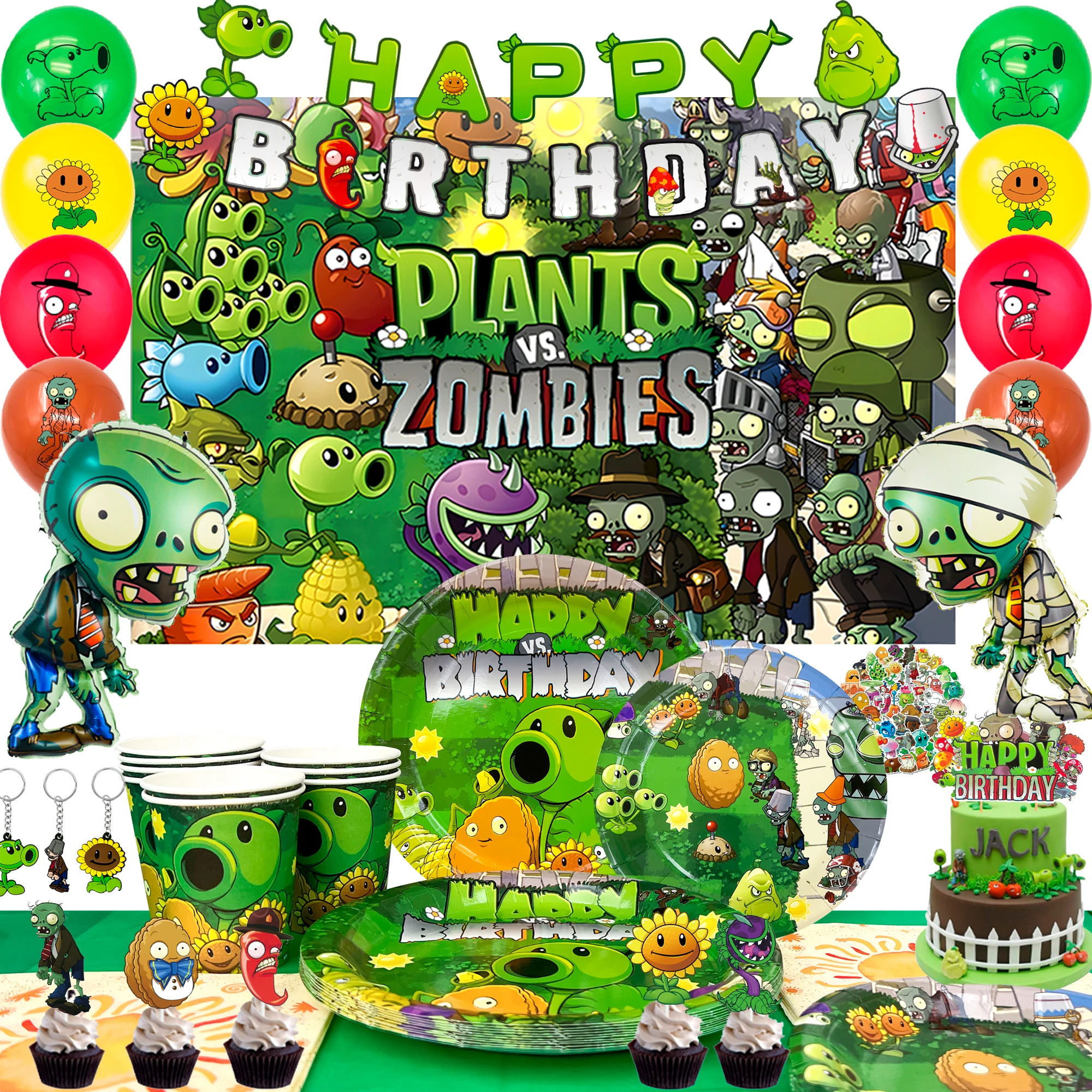 139 Pcs Zombies Birthday Decorations&Tableware-Balloons Banner Backdrop Keychains Plates Cup etc Plant vs Zombies Party Supplies