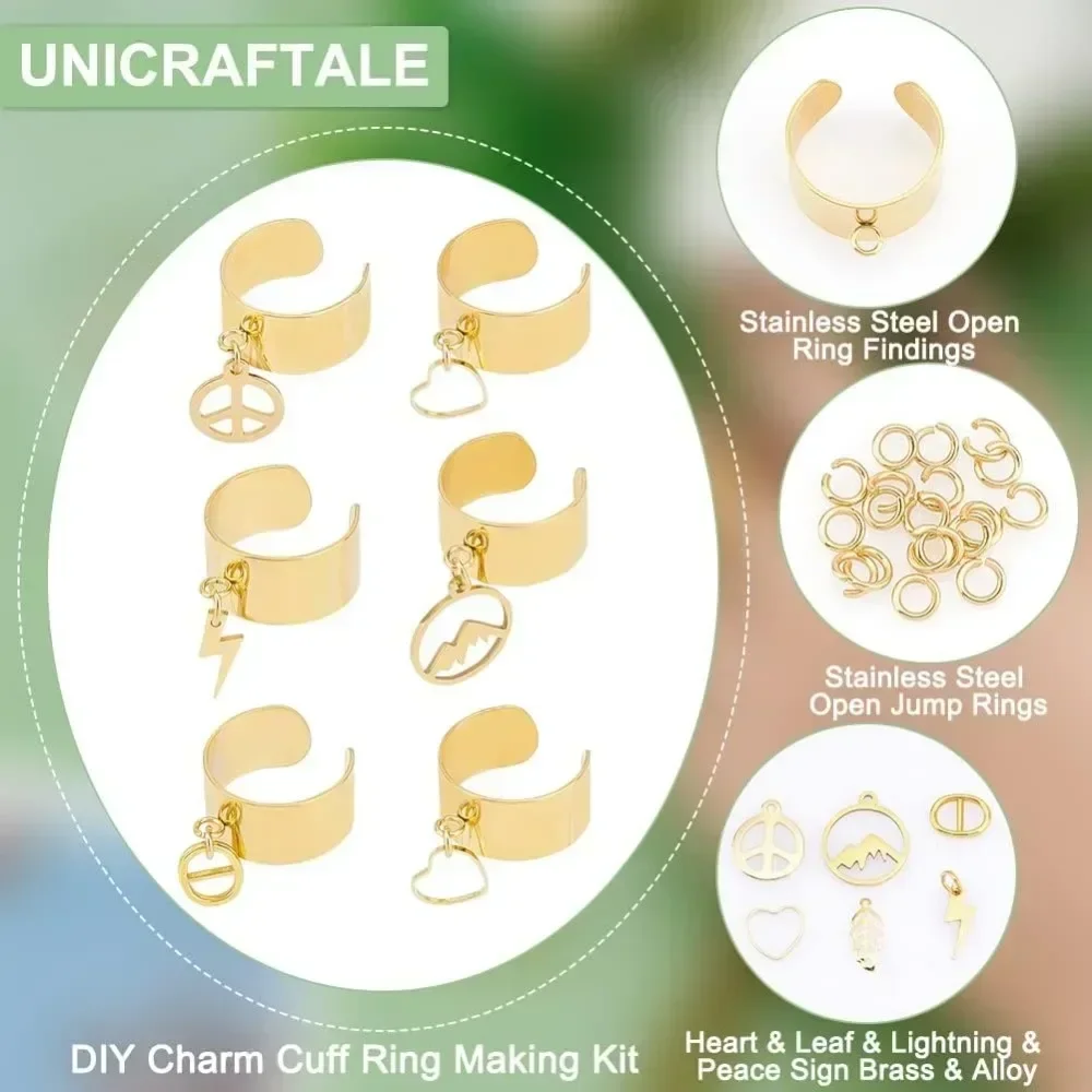 Charm Cuff Ring Making Kit Including Stainless Steel Open Ring Findings Heart Pendant Leaf Charms Lightning Peace Sign Charms
