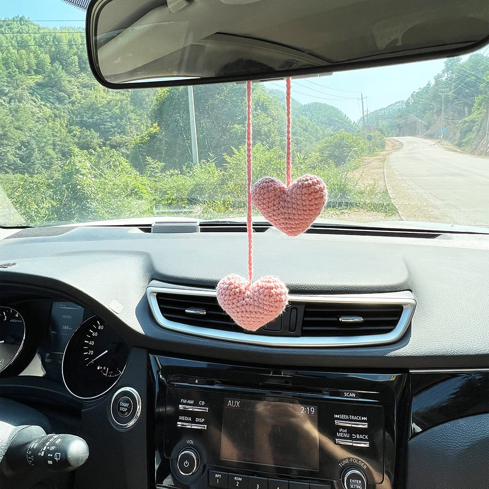 Heart Car Rear View Mirror Accessory Styling Crochet Red Pink Heart Hanging Decor Gadgets Interior Accessories For Women