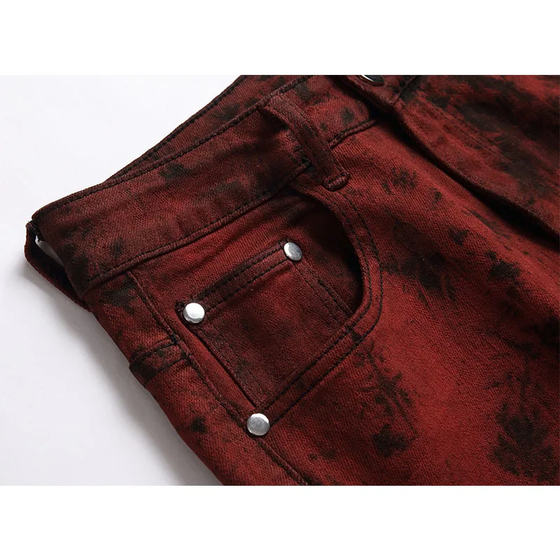 High Quality Slim-fit Jeans for Men Tie-dye Snow Wash  Brick Red Denim Straight Pants Streetwear Fashion Casual Trousers