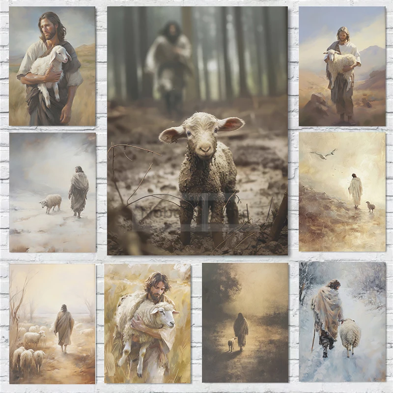 Jesus and Lamb Lost Sheep Parable Christian Artwork Bible Art Poster Prints Canvas Painting Wall Art Pictures Home Room Decor