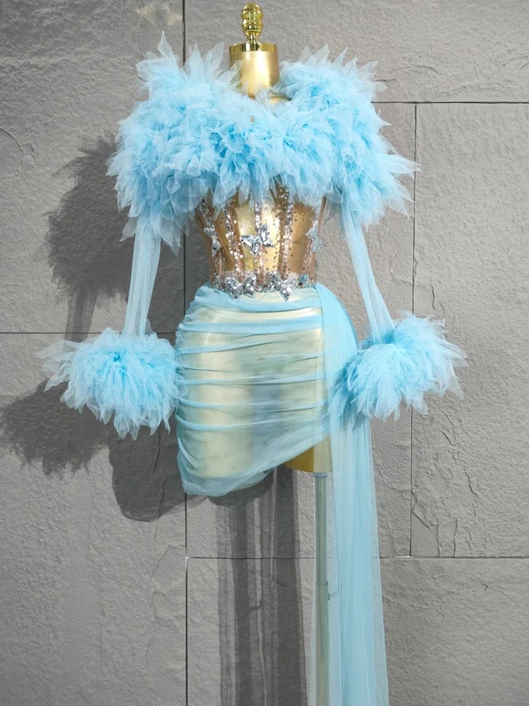 

Women's Light Blue Feather and Sequin Cocktail Dress - Dramatic Sleeves 2025 Perfect for Performances and Parties