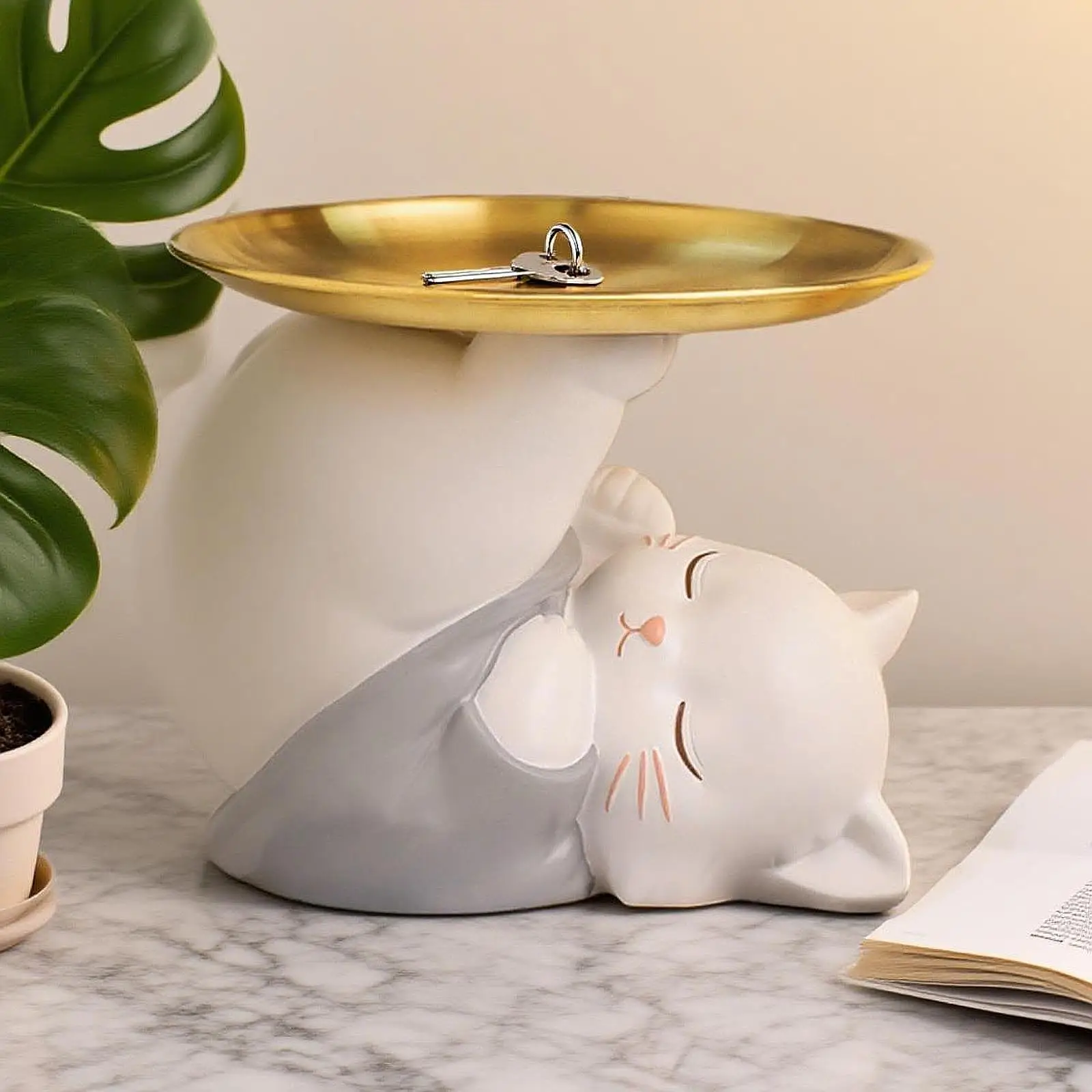 Статуэтка кота из смолы с подносом, многофункциональная, для ключей и украшений